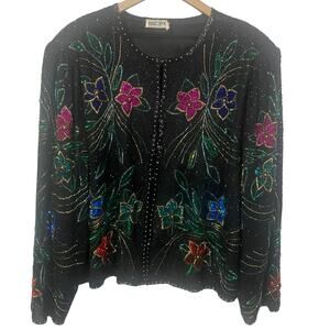 Scala Vintage 100% Silk Beaded Sequined Embellished Evening Jacket Size XL**